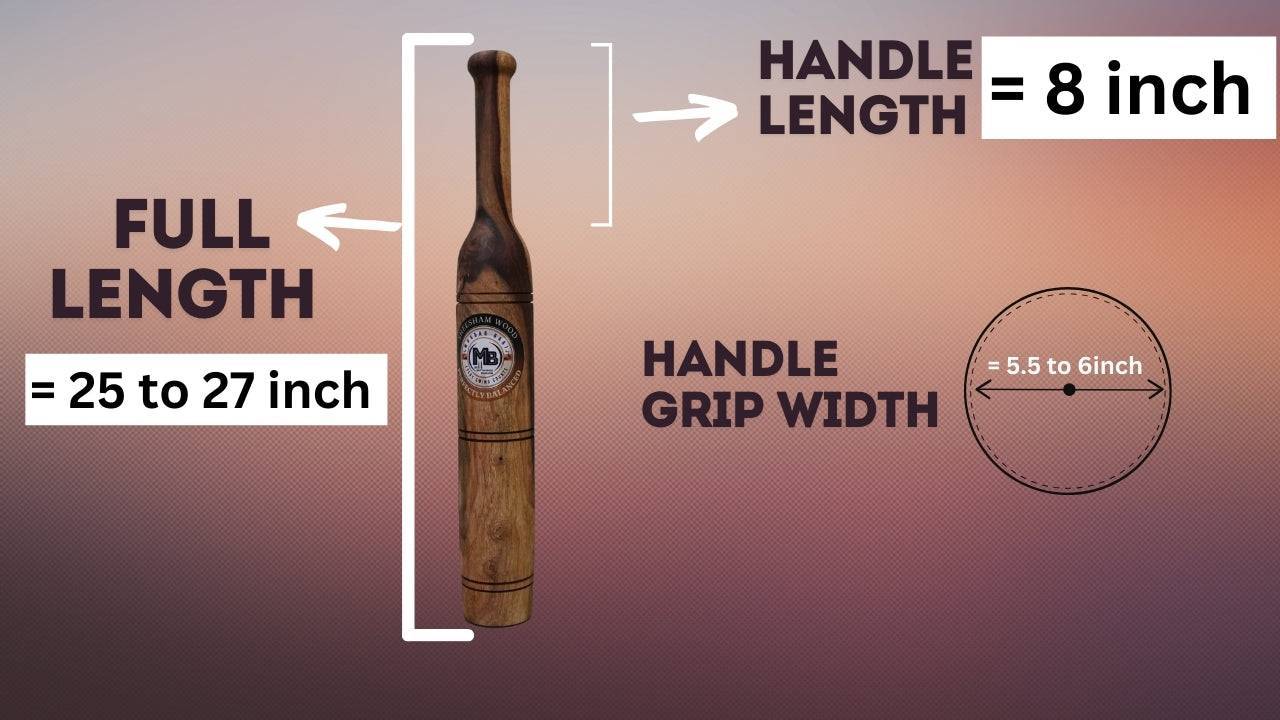 Detailed dimensions of 2Kg Mugdar Sheesham Wood by Mugdarbaaj, showcasing 25-27 inch length, 8-inch handle, and 5.5-6 inch grip width.