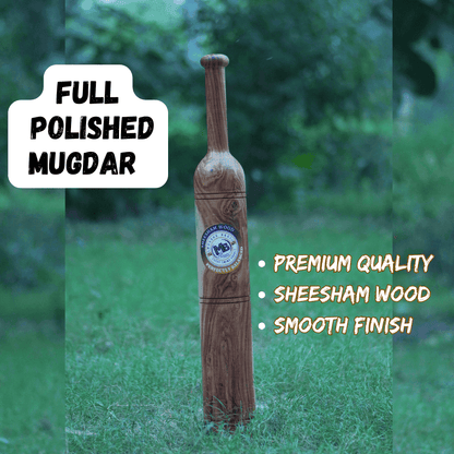 Polished Mugdar crafted from premium Sheesham wood, featuring a smooth finish and traditional design, ideal for fitness and exercise.