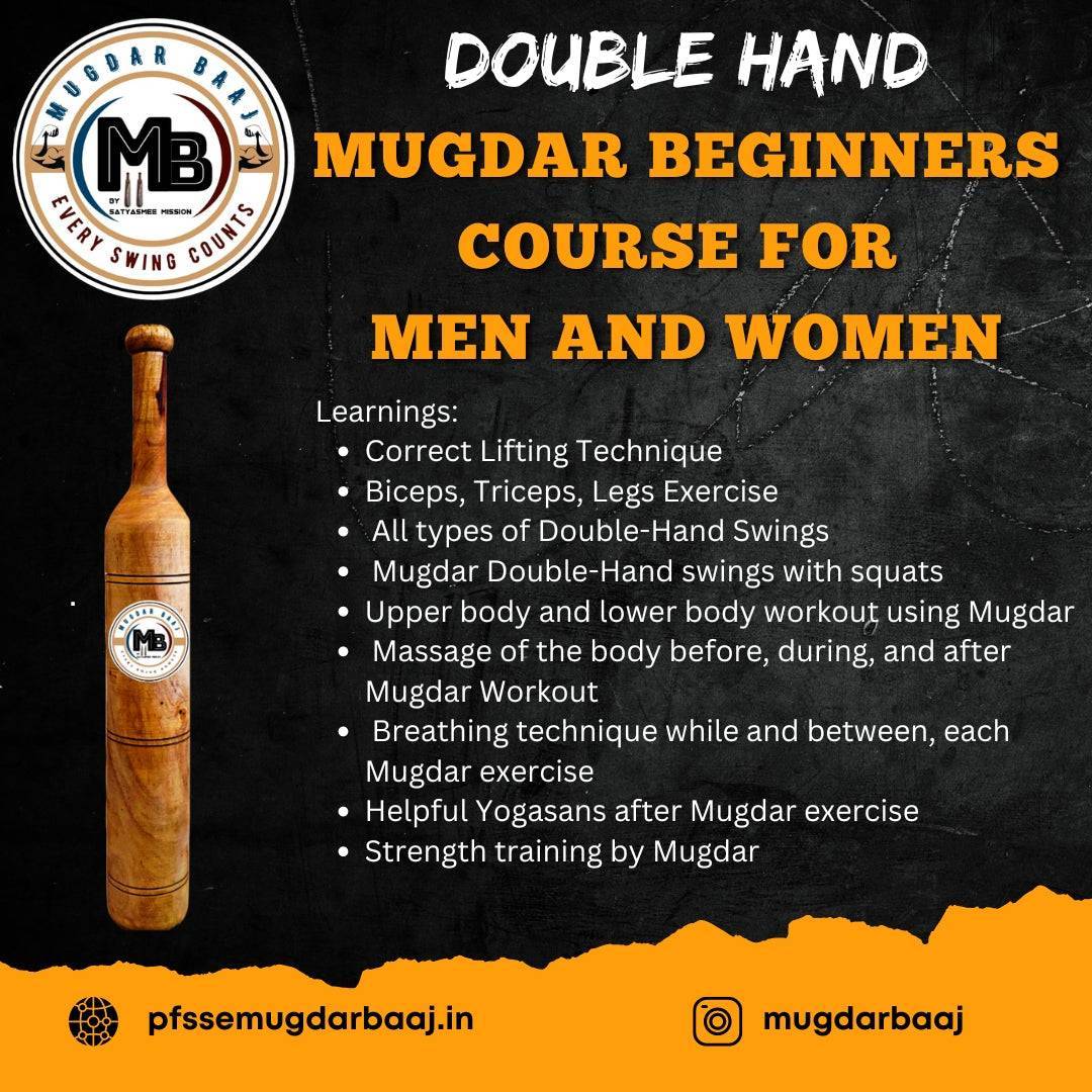 Promotional poster for the Double Hand Mugdar Beginners Course for Men and Women, highlighting benefits like strength training, breathing techniques, and Mugdar exercises.