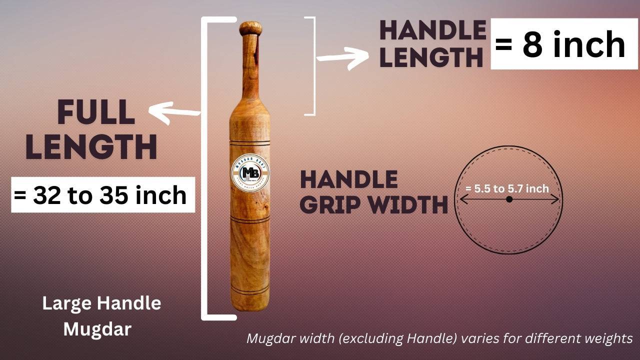 Polished Mugdars crafted from Sheesham wood, featuring a traditional shape with an 8-inch handle length, 32-35 inch full length, and 5.5-5.7 inch grip width. Available in weights from 3kg to 25kg.